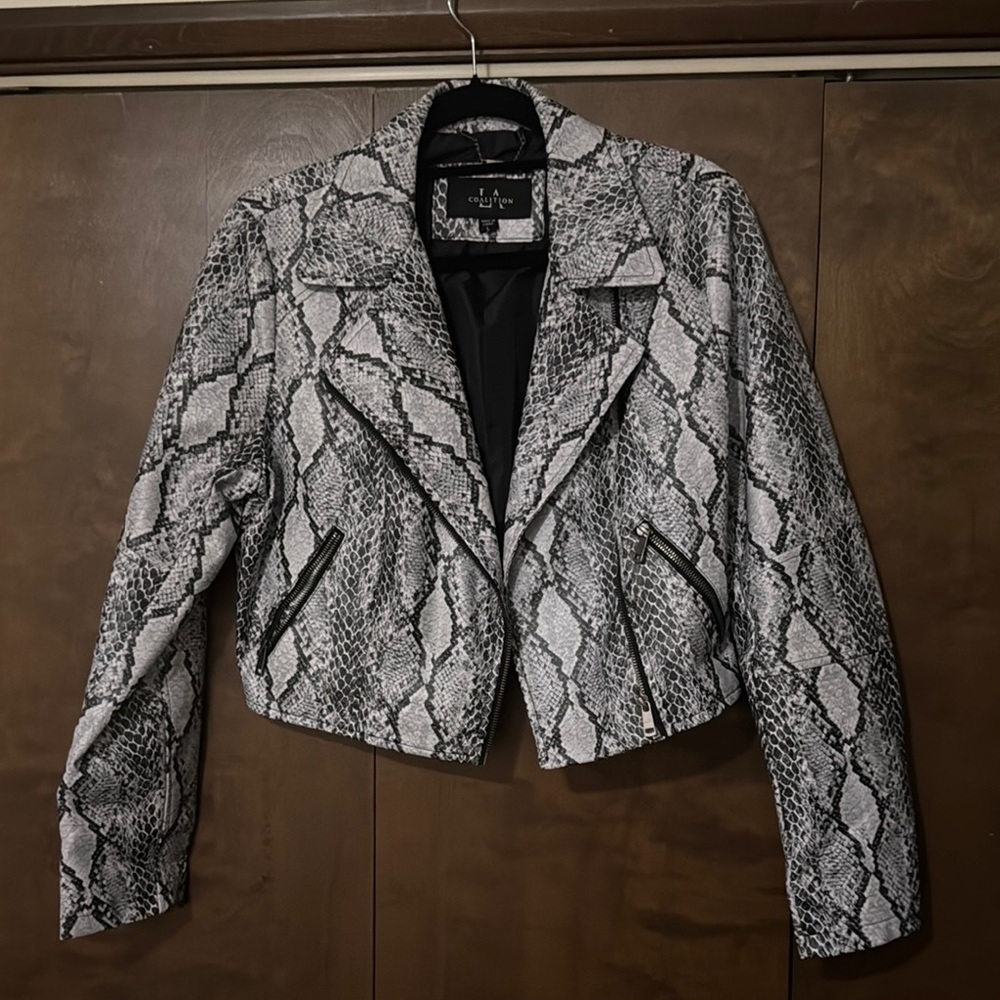 Snake print pleather crop jacket